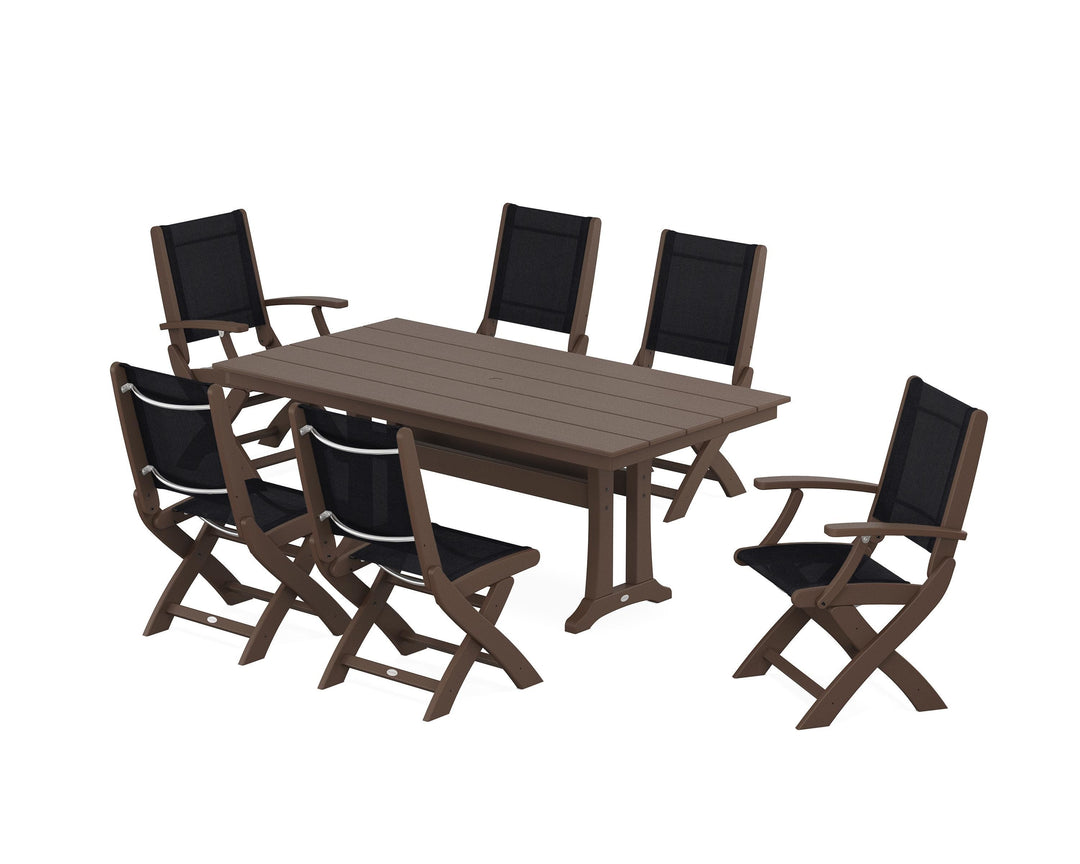 POLYWOOD® Coastal Folding Chair 7-Piece Farmhouse Dining Set with Trestle Legs