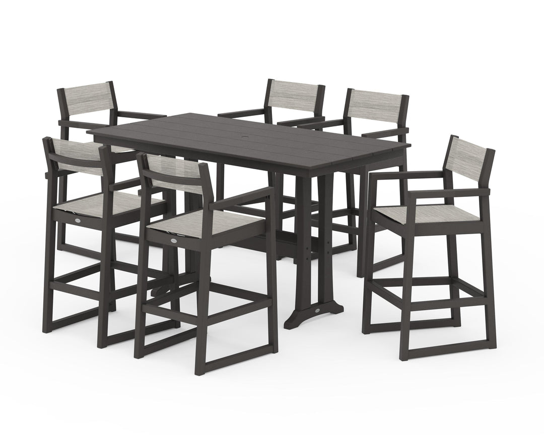 POLYWOOD® EDGE Sling Arm Chair 7-Piece Farmhouse Bar Set with Trestle Legs