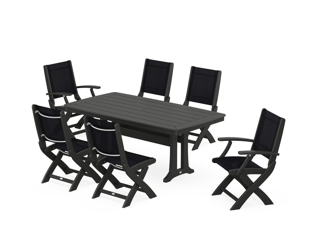 POLYWOOD® Coastal Folding Chair 7-Piece Dining Set with Trestle Legs