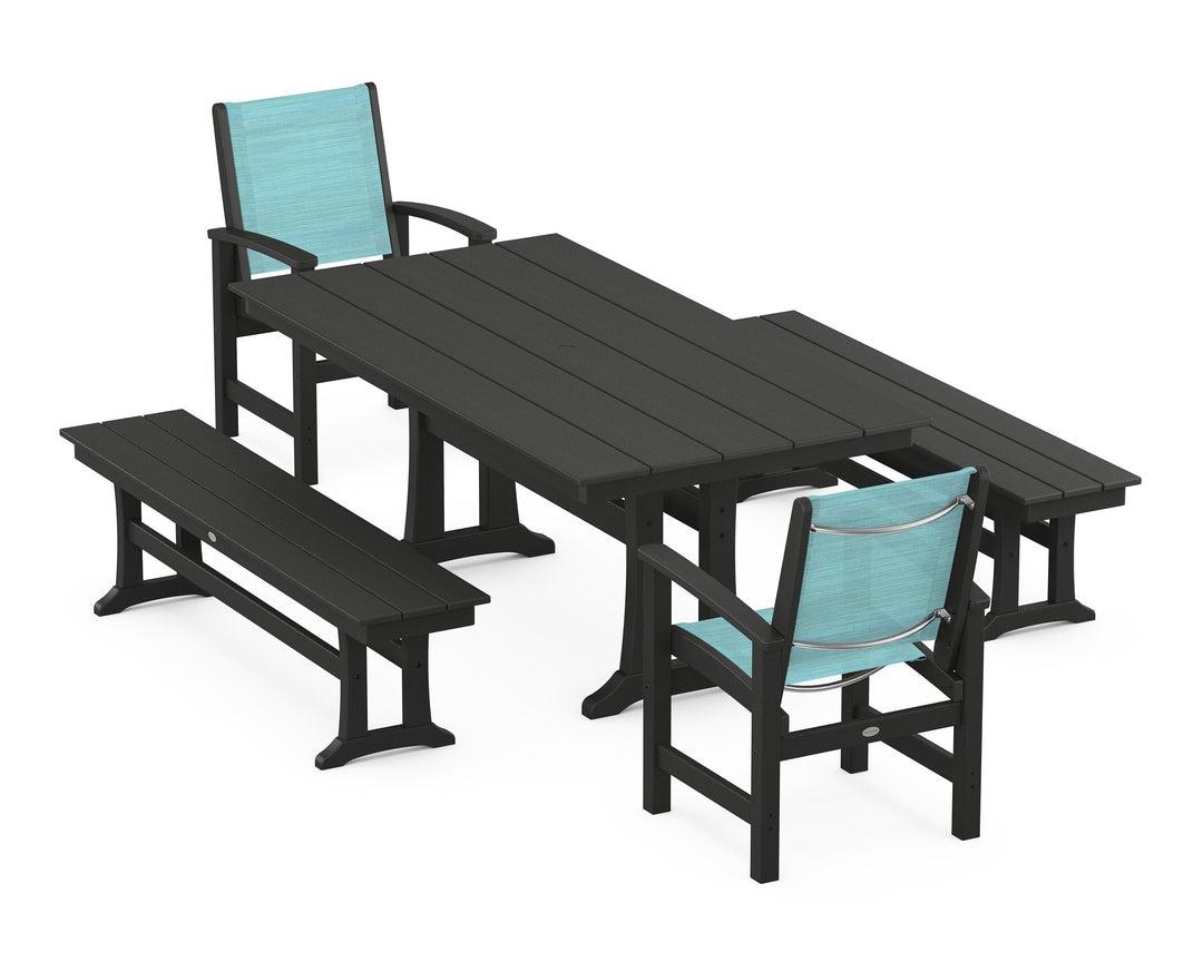 POLYWOOD® Coastal 5-Piece Farmhouse Dining Set with Trestle Legs and Benches
