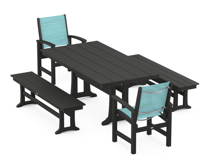 POLYWOOD® Coastal 5-Piece Farmhouse Dining Set with Trestle Legs and Benches