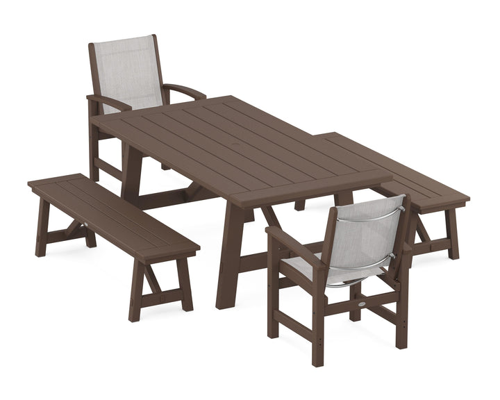 POLYWOOD® Coastal 5-Piece Rustic Farmhouse Dining Set With Benches