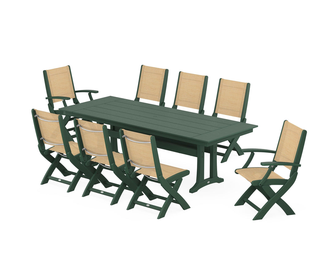 POLYWOOD® Coastal 9-Piece Folding Dining Chair Farmhouse Dining Set with Trestle Legs