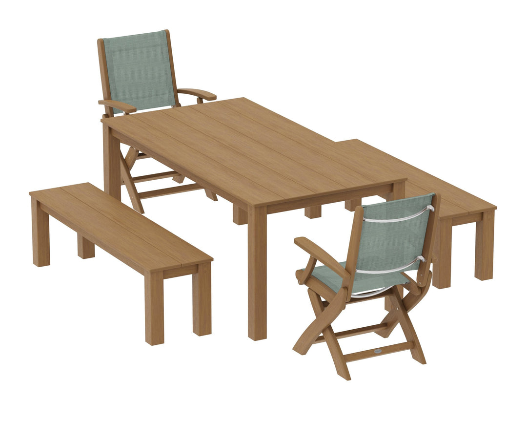 POLYWOOD® Coastal Folding Chair 5-Piece Parsons Dining Set with Benches