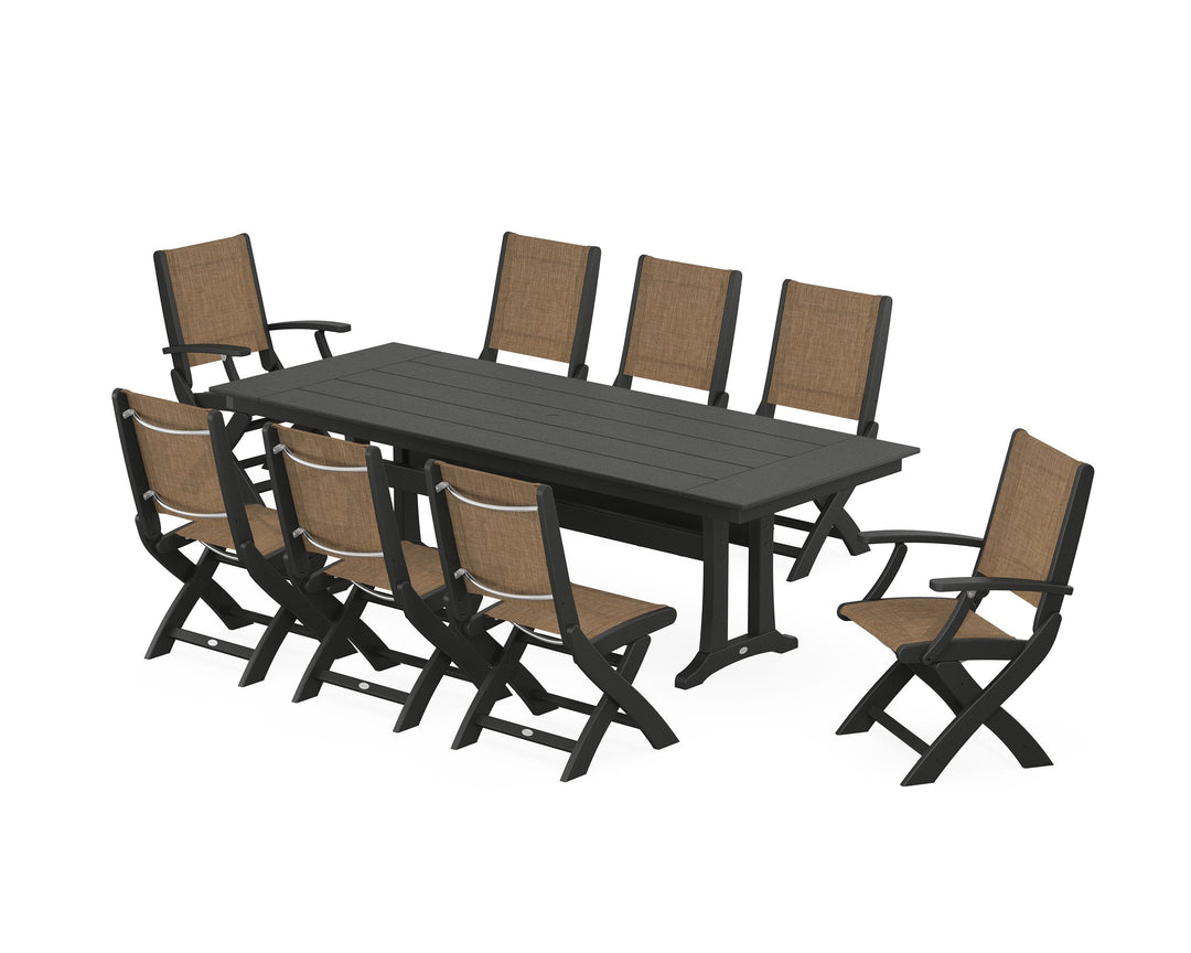 POLYWOOD® Coastal 9-Piece Folding Dining Chair Farmhouse Dining Set with Trestle Legs