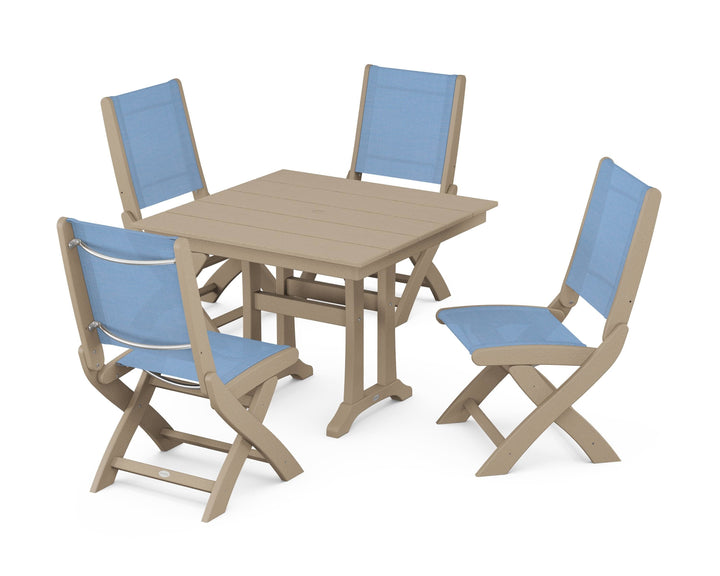 POLYWOOD® Coastal Folding Side Chair 5-Piece Farmhouse Dining Set With Trestle Legs