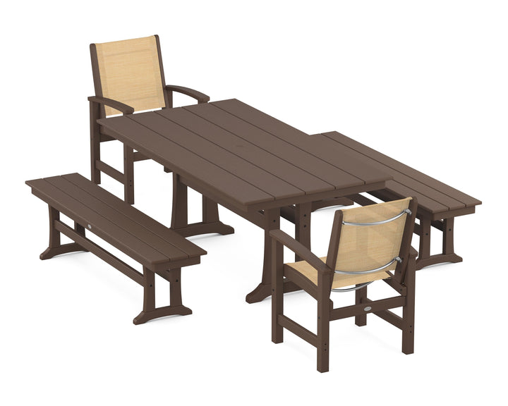 POLYWOOD® Coastal 5-Piece Farmhouse Dining Set with Trestle Legs and Benches