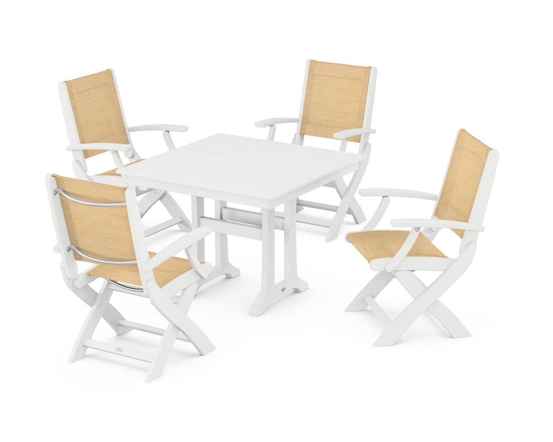 POLYWOOD® Coastal Folding Chair 5-Piece Farmhouse Dining Set With Trestle Legs
