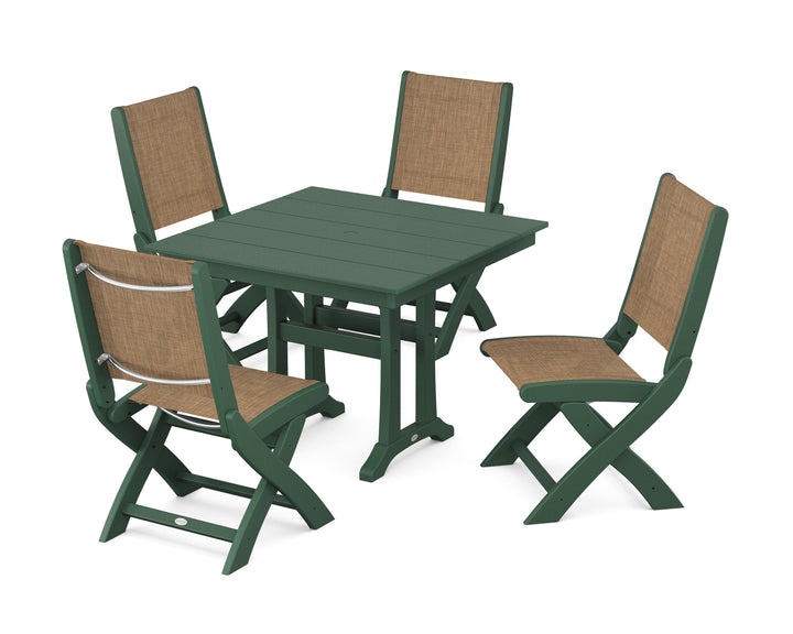 POLYWOOD® Coastal Folding Side Chair 5-Piece Farmhouse Dining Set With Trestle Legs