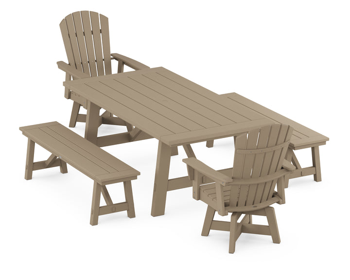 POLYWOOD® Nautical Curveback Adirondack Swivel Chair 5-Piece Rustic Farmhouse Dining Set With Benches