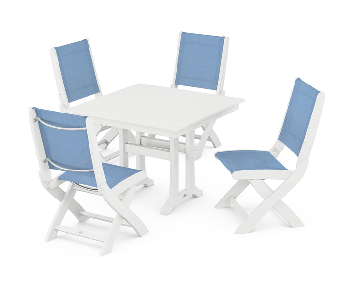 POLYWOOD® Coastal Folding Side Chair 5-Piece Farmhouse Dining Set With Trestle Legs