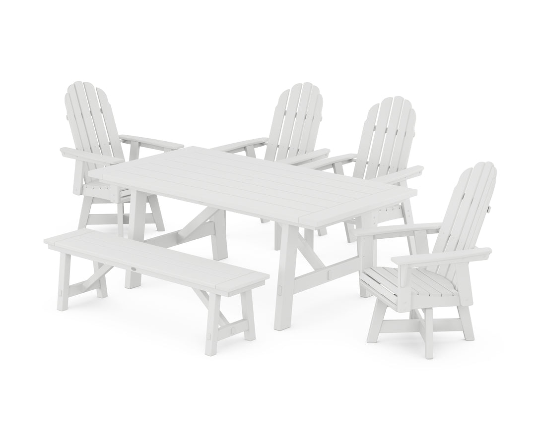 POLYWOOD® Vineyard Curveback Adirondack Swivel Chair 6-Piece Rustic Farmhouse Dining Set With Bench