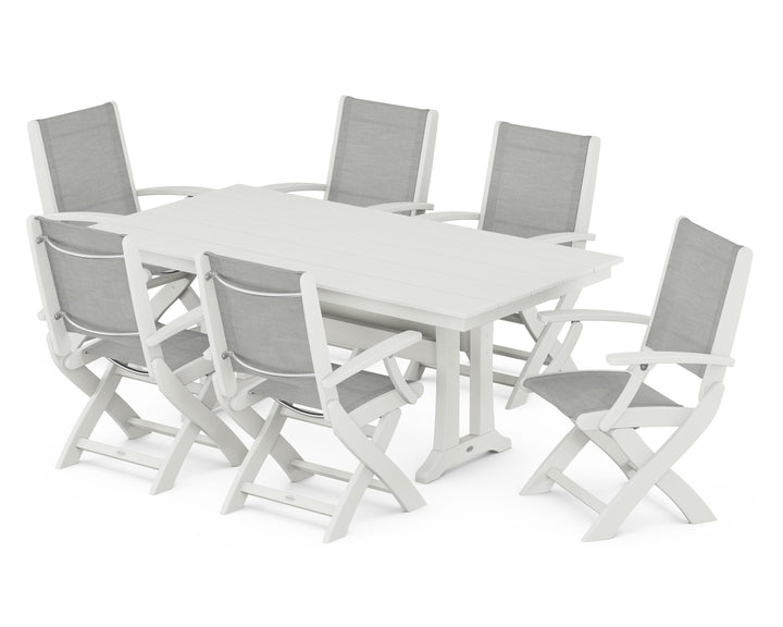 POLYWOOD® Coastal Folding Arm Chair 7-Piece Farmhouse Dining Set with Trestle Legs