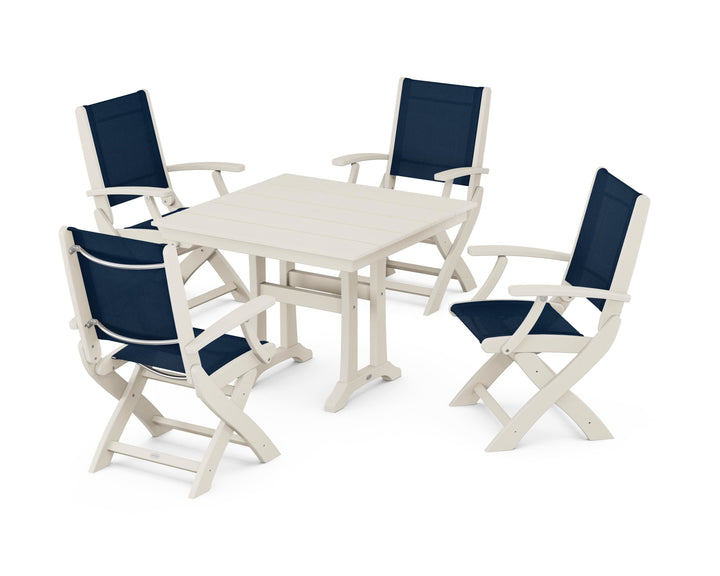 POLYWOOD® Coastal Folding Chair 5-Piece Farmhouse Dining Set With Trestle Legs