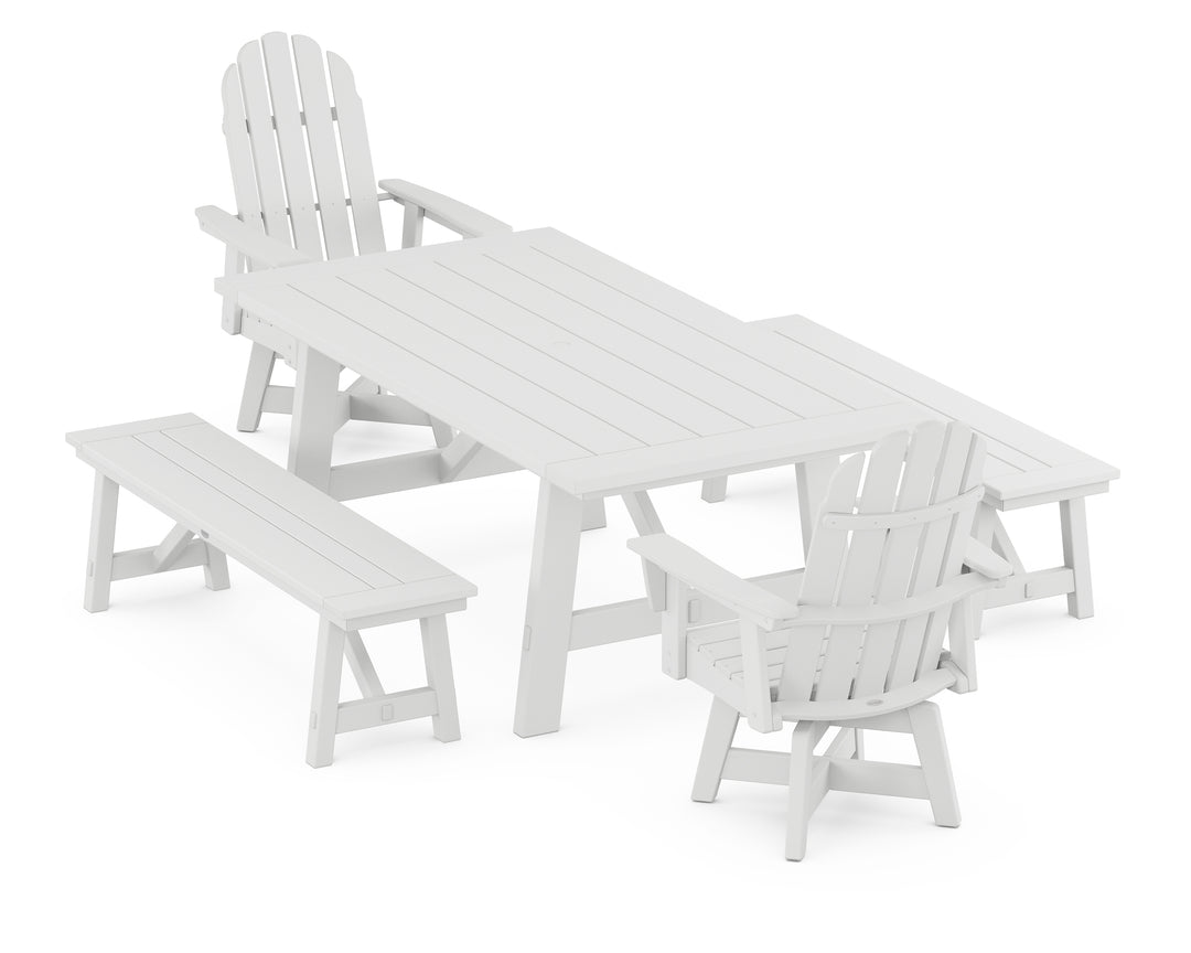 POLYWOOD® VineyardCurveback Adirondack Swivel Chair 5-Piece Rustic Farmhouse Dining Set With Benches