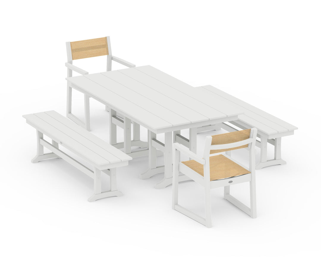 POLYWOOD® EDGE Sling Arm Chair 5-Piece Farmhouse Dining Set with Benches