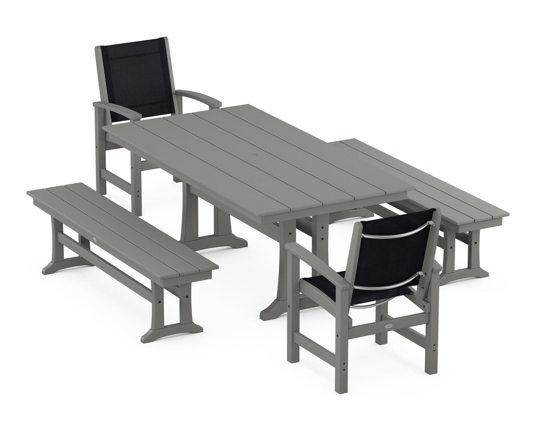POLYWOOD® Coastal 5-Piece Farmhouse Dining Set with Trestle Legs and Benches