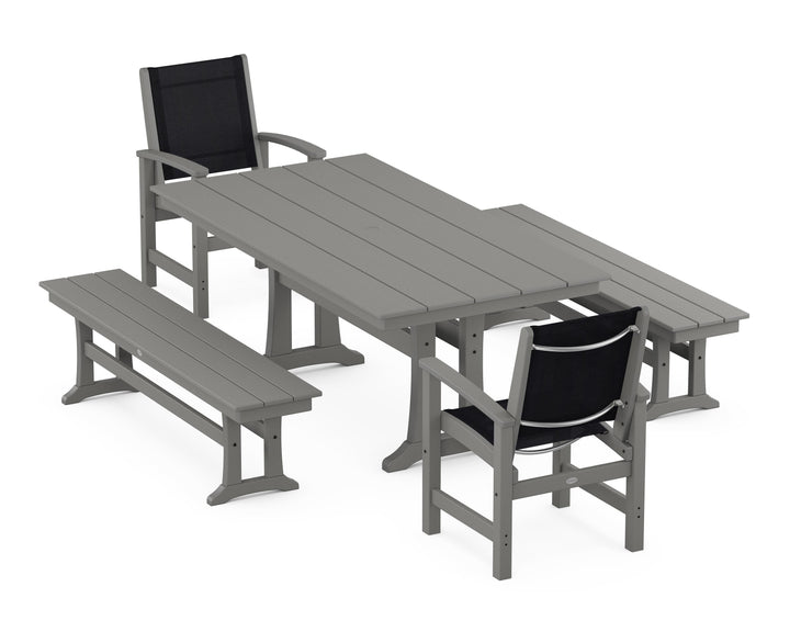 POLYWOOD® Coastal 5-Piece Farmhouse Dining Set with Trestle Legs and Benches