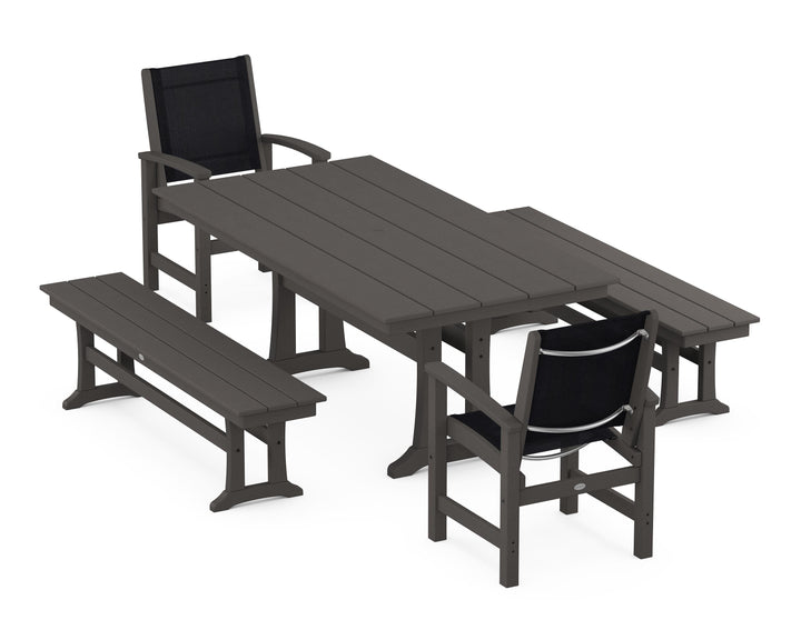 POLYWOOD® Coastal 5-Piece Farmhouse Dining Set with Trestle Legs and Benches