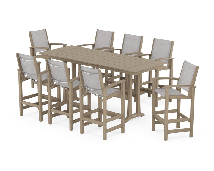 POLYWOOD® Coastal 9-Piece Farmhouse Bar Set with Trestle Legs