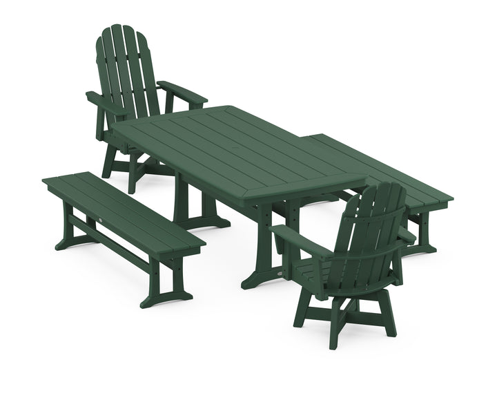POLYWOOD® Vineyard Adirondack Swivel Chair 5-Piece Dining Set with Trestle Legs and Benches