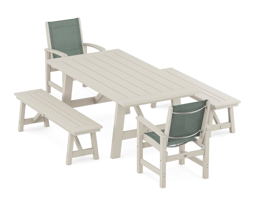 POLYWOOD® Coastal 5-Piece Rustic Farmhouse Dining Set With Benches