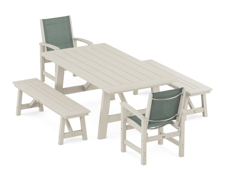 POLYWOOD® Coastal 5-Piece Rustic Farmhouse Dining Set With Benches