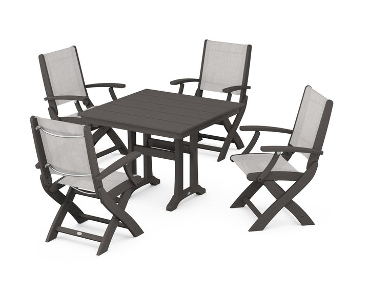 POLYWOOD® Coastal Folding Chair 5-Piece Farmhouse Dining Set With Trestle Legs