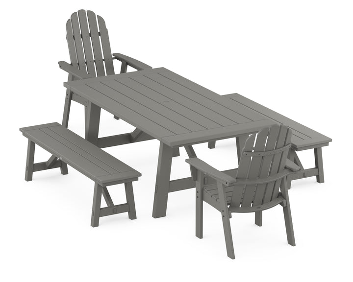 POLYWOOD® Vineyard Curveback Adirondack 5-Piece Rustic Farmhouse Dining Set With Benches