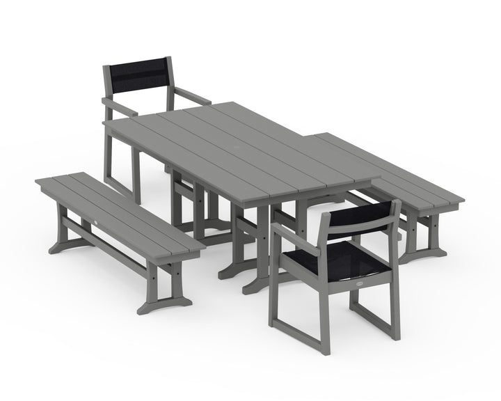 POLYWOOD® EDGE Sling Arm Chair 5-Piece Farmhouse Dining Set with Benches