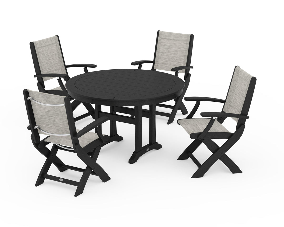 POLYWOOD® Coastal Folding Chair 5-Piece Round Dining Set with Trestle Legs