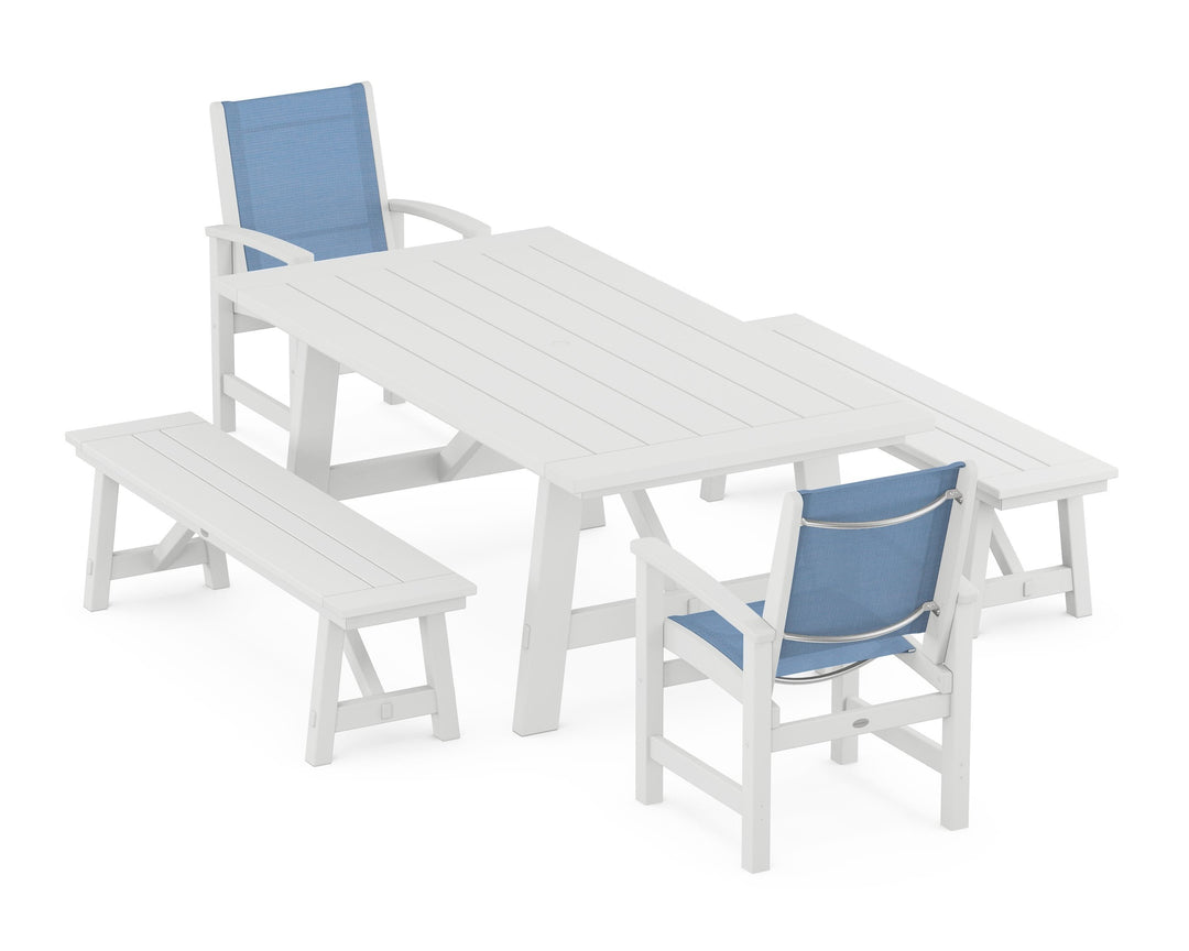 POLYWOOD® Coastal 5-Piece Rustic Farmhouse Dining Set With Benches