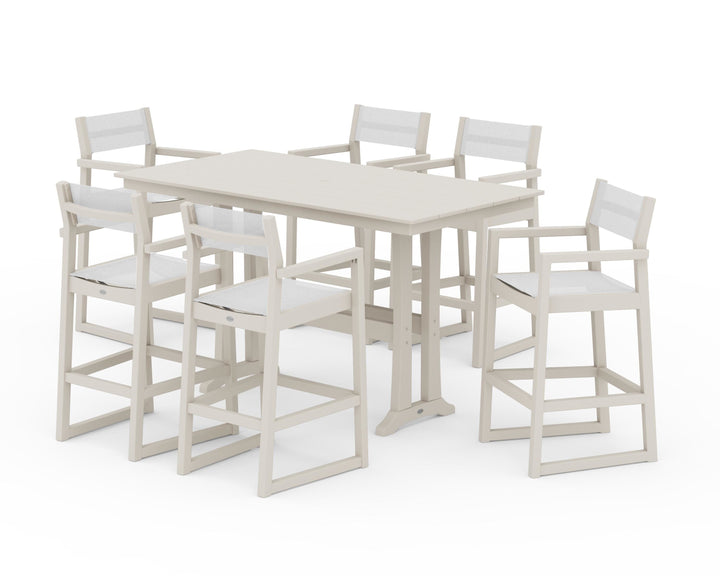 POLYWOOD® EDGE Sling Arm Chair 7-Piece Farmhouse Bar Set with Trestle Legs