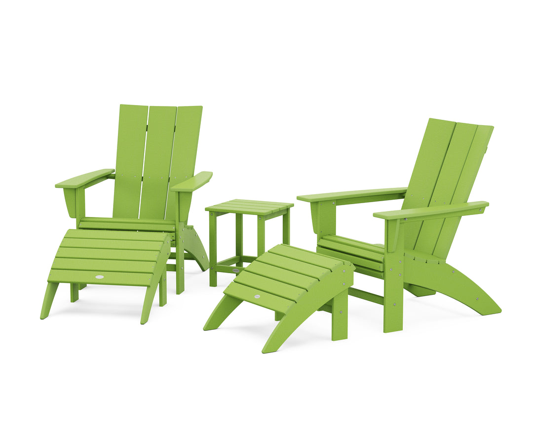 POLYWOOD® Modern Curveback Adirondack Chair 5-Piece Set with Ottomans and 18" Side Table