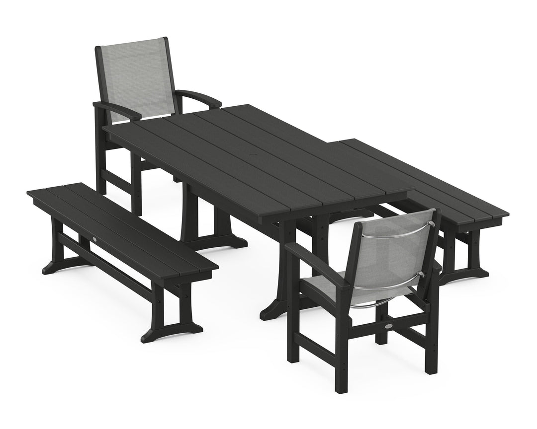 POLYWOOD® Coastal 5-Piece Farmhouse Dining Set with Trestle Legs and Benches