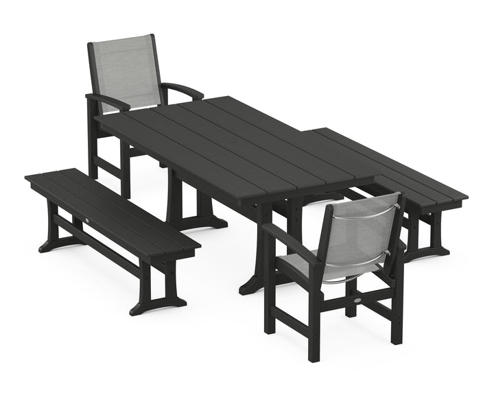POLYWOOD® Coastal 5-Piece Farmhouse Dining Set with Trestle Legs and Benches