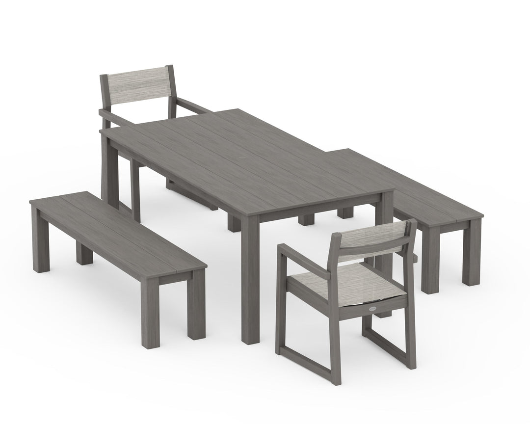 POLYWOOD® EDGE Sling Arm Chair 5-Piece Parsons Dining Set with Benches