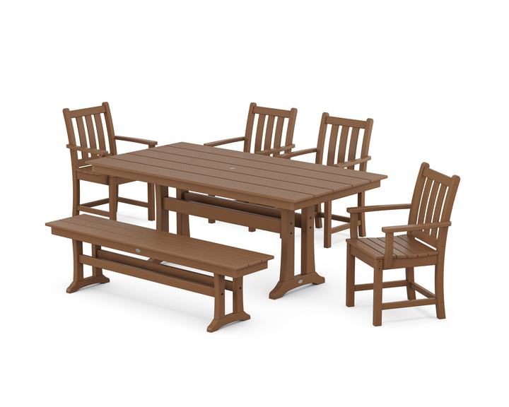 POLYWOOD® Traditional Garden Arm Chair 6-Piece Farmhouse Dining Set with Trestle Legs and Bench
