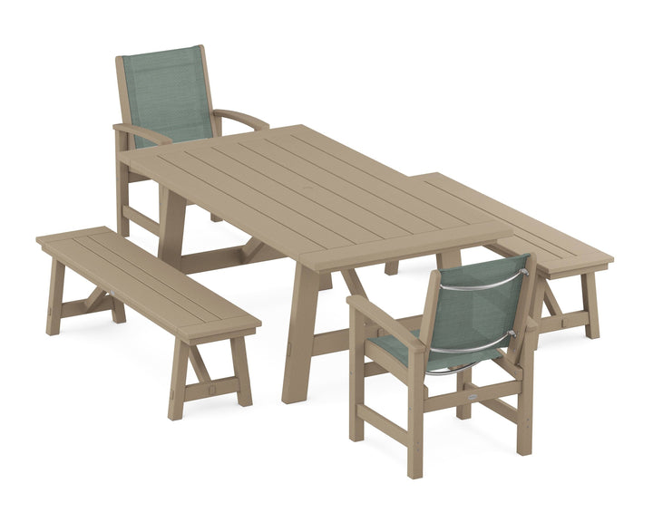 POLYWOOD® Coastal 5-Piece Rustic Farmhouse Dining Set With Benches
