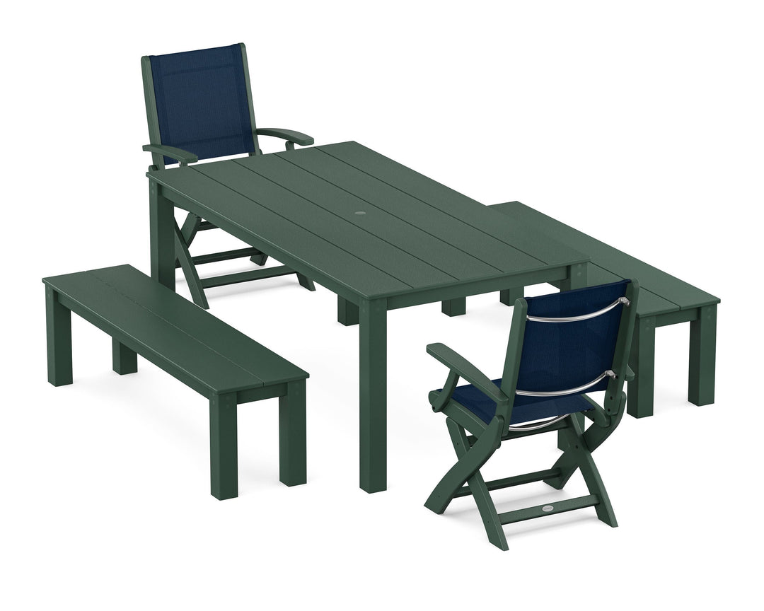 POLYWOOD® Coastal Folding Chair 5-Piece Parsons Dining Set with Benches