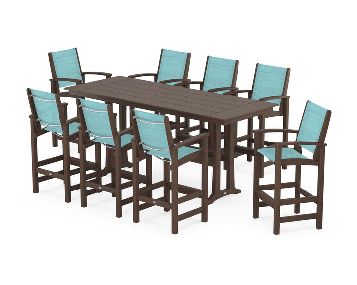 POLYWOOD® Coastal 9-Piece Farmhouse Bar Set with Trestle Legs