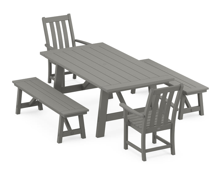 POLYWOOD® Vineyard 5-Piece Rustic Farmhouse Dining Set With Benches