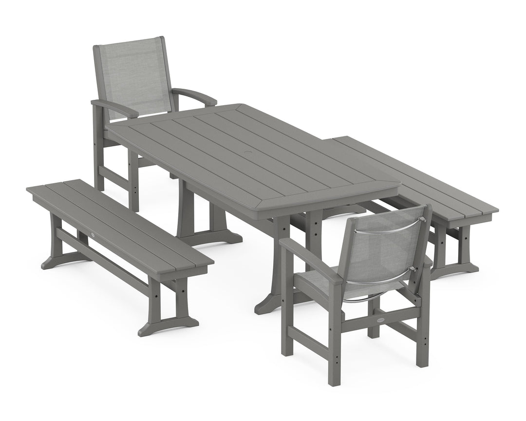 POLYWOOD® Coastal 5-Piece Dining Set with Trestle Legs and Benches
