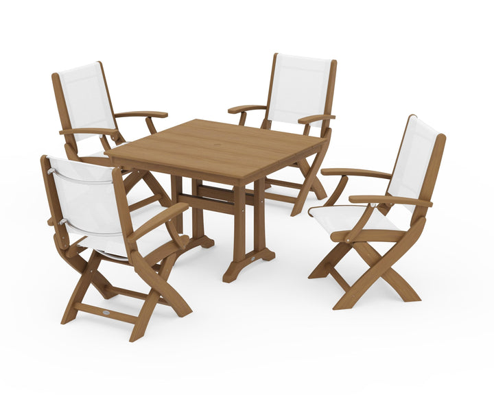 POLYWOOD® Coastal Folding Chair 5-Piece Farmhouse Dining Set With Trestle Legs
