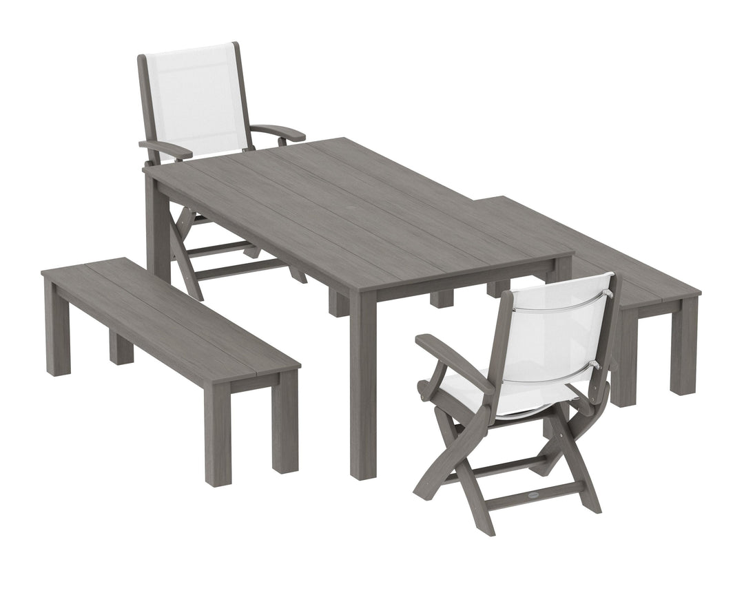 POLYWOOD® Coastal Folding Chair 5-Piece Parsons Dining Set with Benches