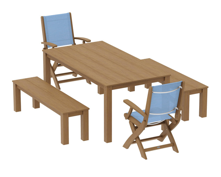 POLYWOOD® Coastal Folding Chair 5-Piece Parsons Dining Set with Benches