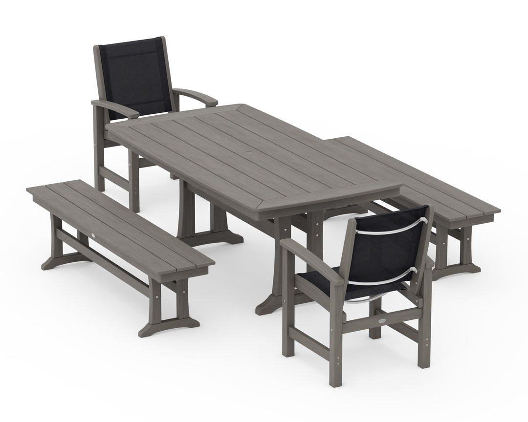 POLYWOOD® Coastal 5-Piece Dining Set with Trestle Legs and Benches