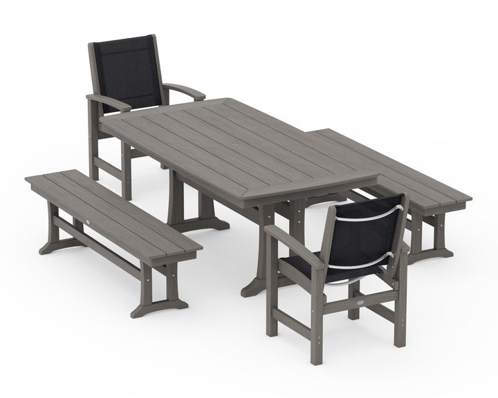 POLYWOOD® Coastal 5-Piece Dining Set with Trestle Legs and Benches